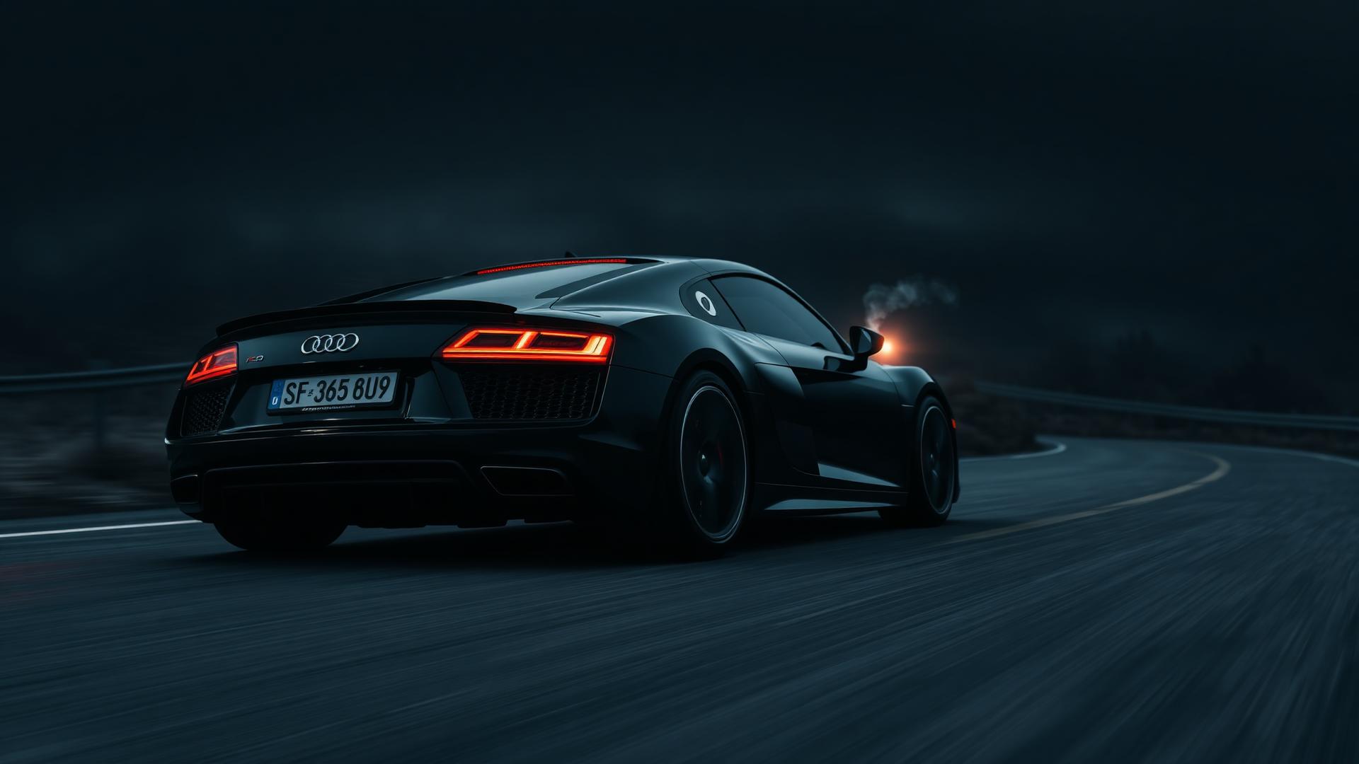Czarne Audi R8 na górskiej drodze o zmierzchu